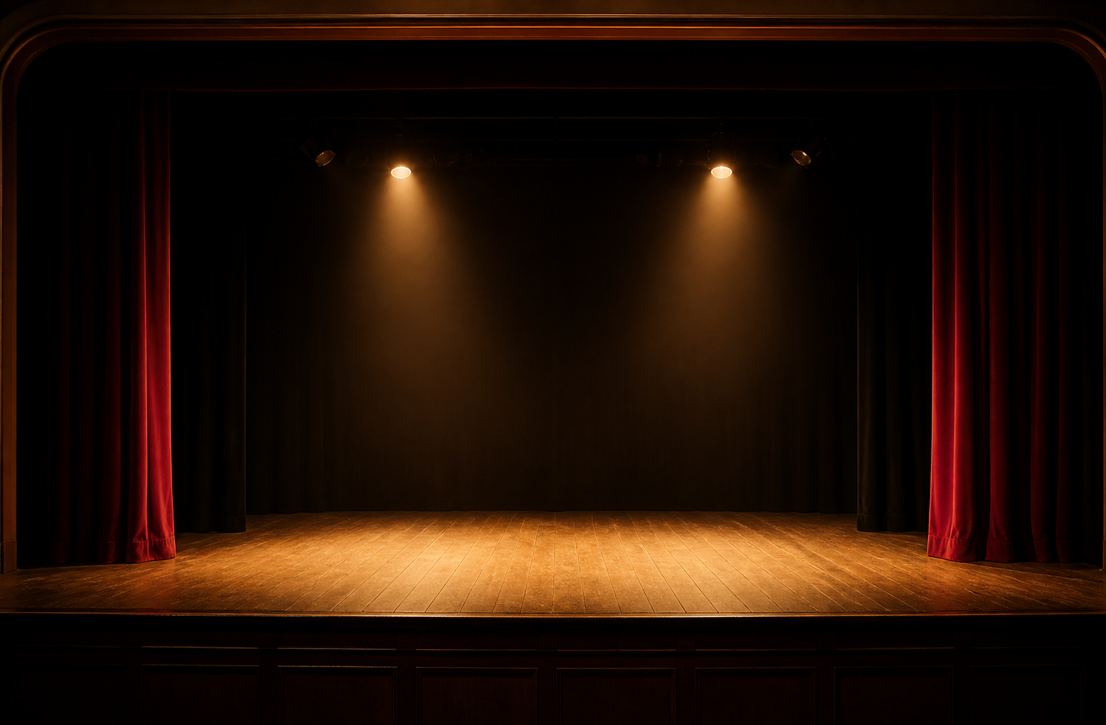 Leere Theaterbühne im warmen Scheinwerferlicht